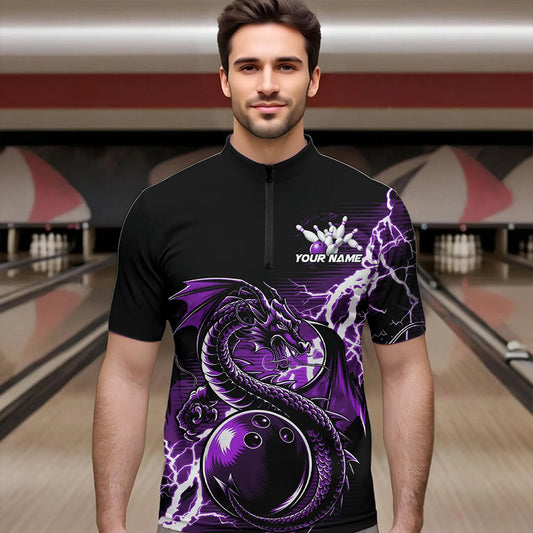 Custom Black And Purple Thunder Lightning Dragon Bowling Quarter-Zip Shirts For Men, Bowlers Outfit IPHW8664