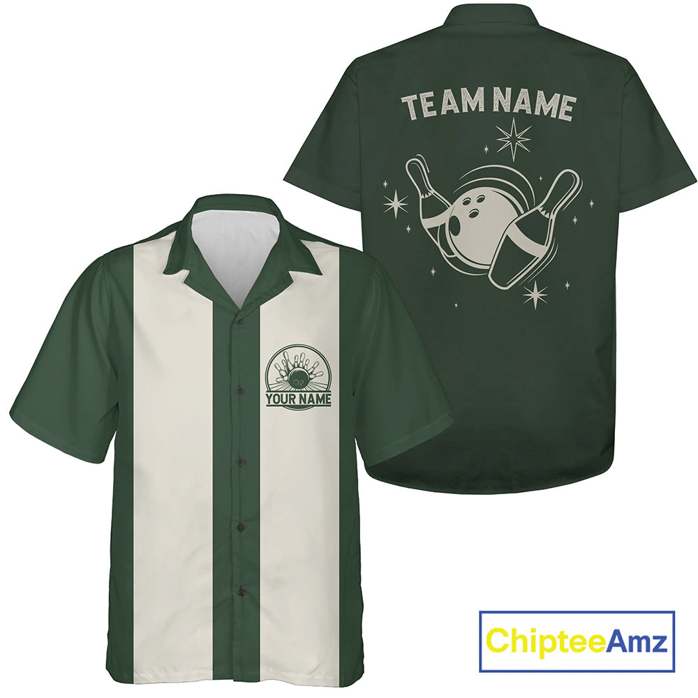 Custom Green Classic Retro Bowling Men And Women Hawaiian Shirt, Vintage Inspired Bowling Tournament Shirt IPHW9909