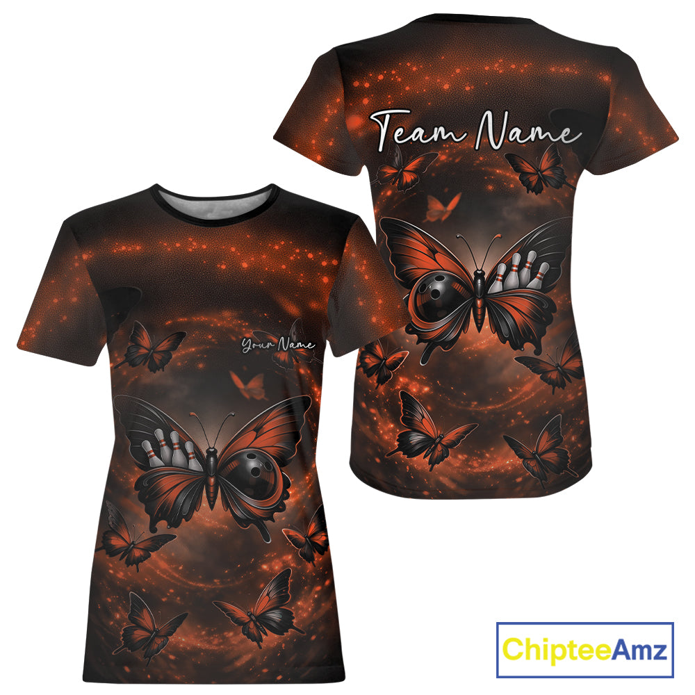 Women’s crewneck bowling shirt shown front and back with an orange and black butterfly artwork incorporating a bowling ball body and smoky background.