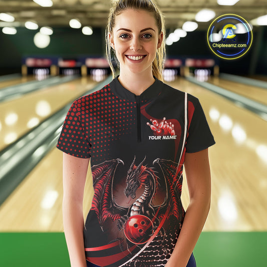 Custom Blue Dragon Bowling Jerseys, Mystical Bowling Team Uniform Women Quarter-Zip Shirt IPHW9537