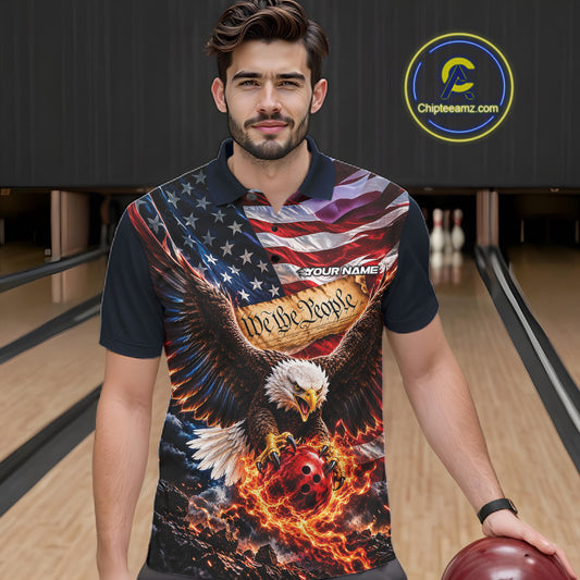 Custom Patriotic Eagle We The People Bowling League Shirt, US Flag Bowling Men Polo Shirt IPHW12272