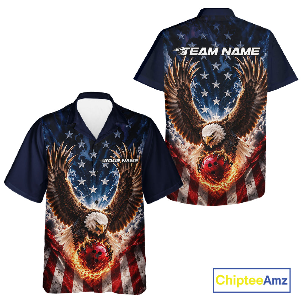 Custom Patriotic Eagle American Flag Bowling League Shirt, Bowling Team Men And Women Button Up Shirt IPHW12273