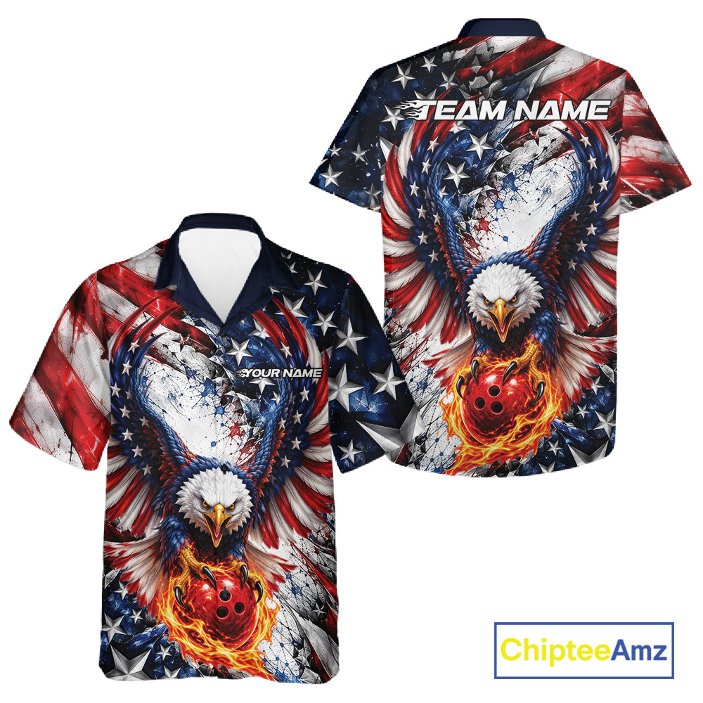 American Flag Eagle Custom Patriotic Bowling Jersey, Bowling Team Men And Women Button Up Shirt IPHW12274