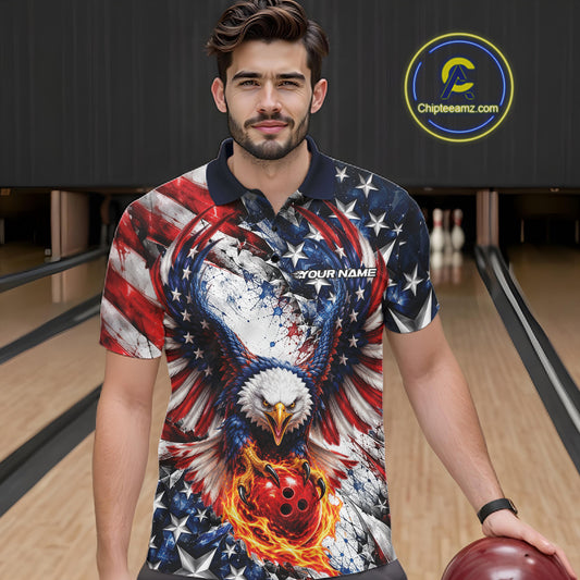 American Flag Eagle Custom Patriotic Bowling Jersey, Bowling Team Men Polo Shirt IPHW12274
