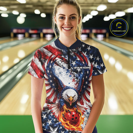 American Flag Eagle Custom Patriotic Bowling Jersey, Bowling Women Quarter-Zip Shirt IPHW12274