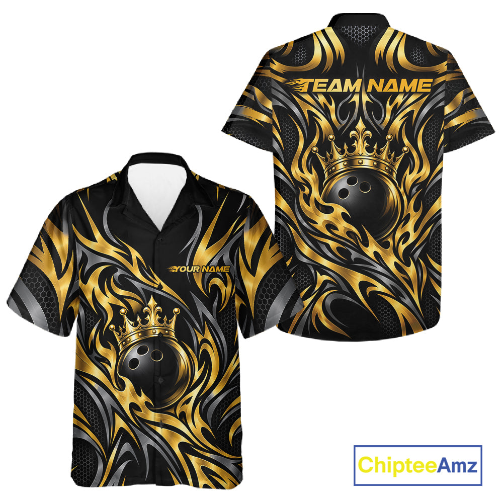 Custom Black And Gold Tribal Crown Bowling Team Men And Women Button Up Shirt, Bowling King Outfit IPHW12275
