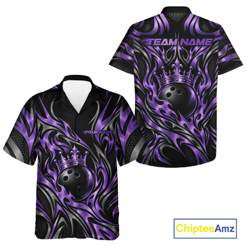 Custom Black And Purple Tribal Crown Bowling Team Men And Women Button Up Shirt, Bowling King Outfit IPHW12276