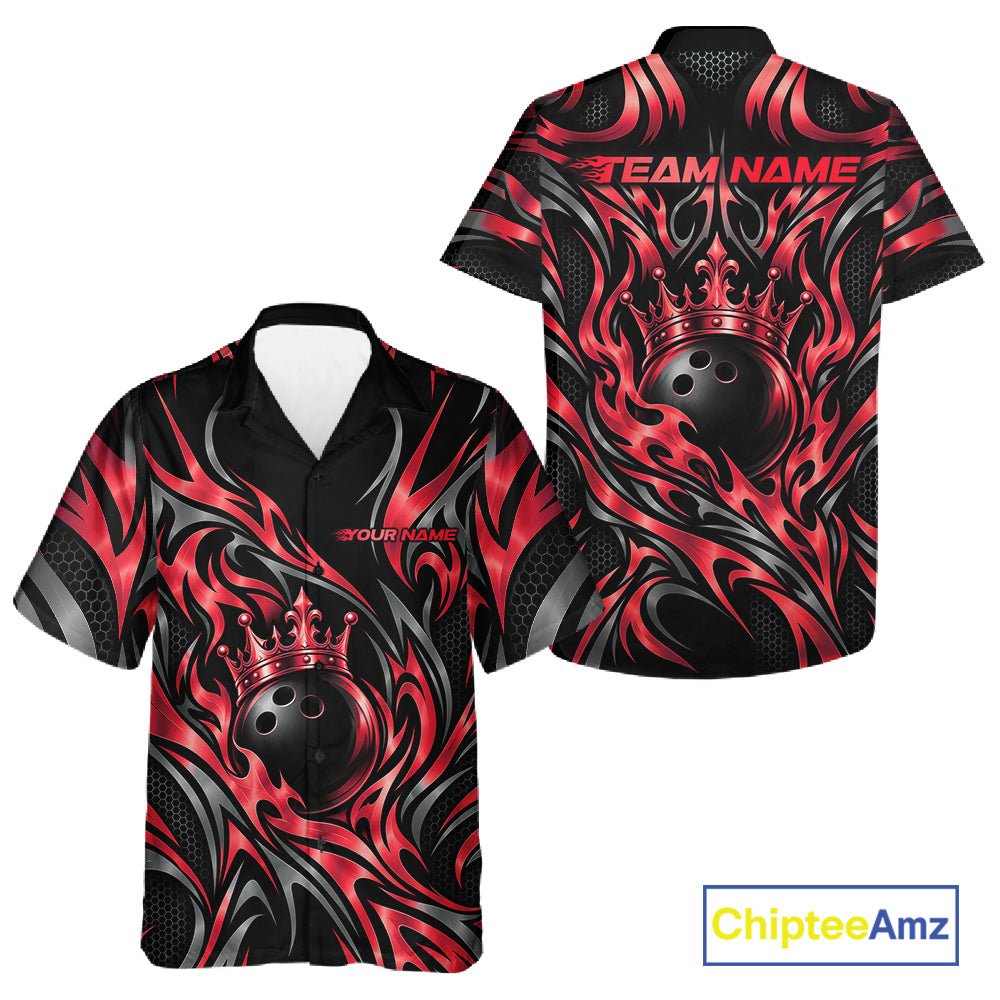 Custom Black And Red Tribal Crown Bowling Team Men And Women Button Up Shirt, Bowling King Outfit IPHW12277