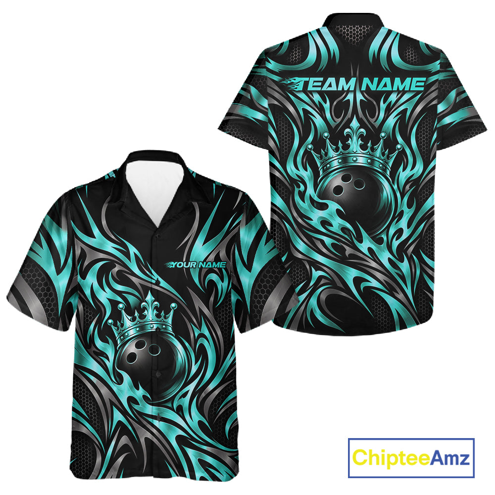 Custom Turquoise Blue Tribal Crown Bowling Team Men And Women Button Up Shirt, Bowling King Outfit IPHW12278