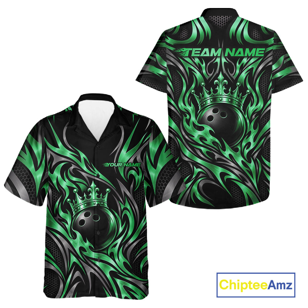 Custom Black And Green Tribal Crown Bowling Team Men And Women Button Up Shirt, Bowling King Outfit IPHW12279