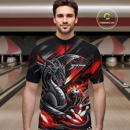 Personalized Black And Red Dragon Bowling Team Jerseys, Dragon Bowling Quarter-Zip Shirt IPHW10299