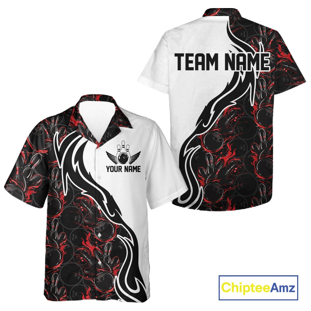 Custom Black And Red Flame Bowling Team Shirts, Bowling League Shirt Men And Women Bowling Jersey IPHW10543