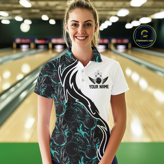 Custom Black And Turquoise Blue Flame Bowling Team Shirts, Women Bowling League Shirt IPHW10544