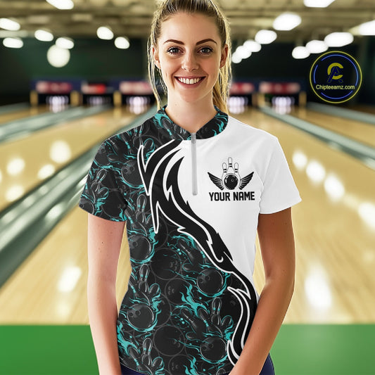 Custom Black And Turquoise Blue Flame Bowling Team Shirts, Women Bowling League Shirt IPHW10544