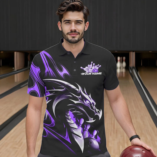 Custom Black And Purple Flame Dragon Bowling Polo Shirts For Men, Dragon Bowling League Shirt IPHW8704
