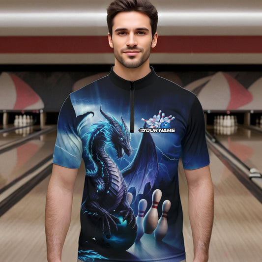 Custom Blue Thunder Lightning Dragon Bowling Quarter-Zip Shirts For Men, Bowling Team Uniform IPHW8950