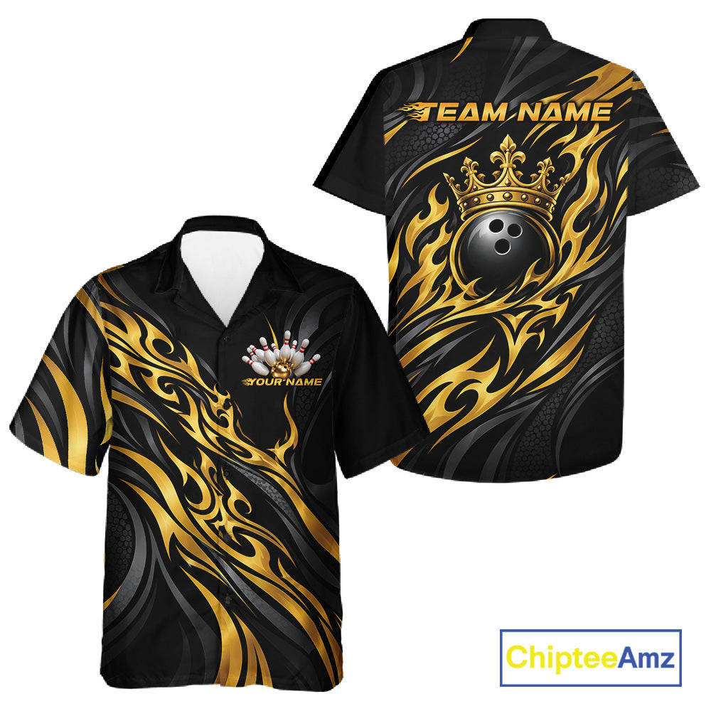 Black And Gold Tribal Custom Crown Bowling Team Men And Women Button Up Shirt, Bowler Gift IPHW12280