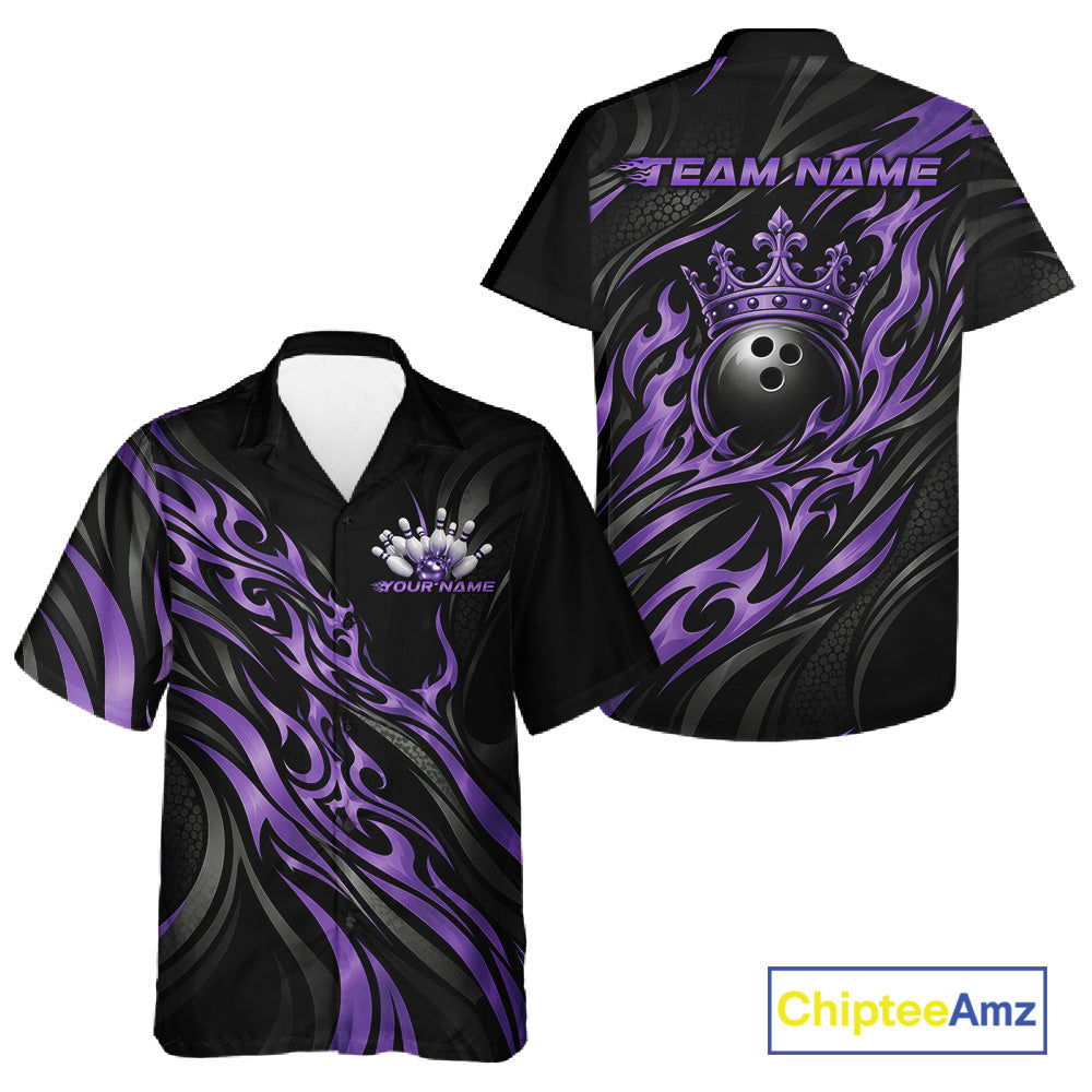 Black And Purple Tribal Custom Crown Bowling Team Men And Women Button Up Shirt, Bowler Gift IPHW12281