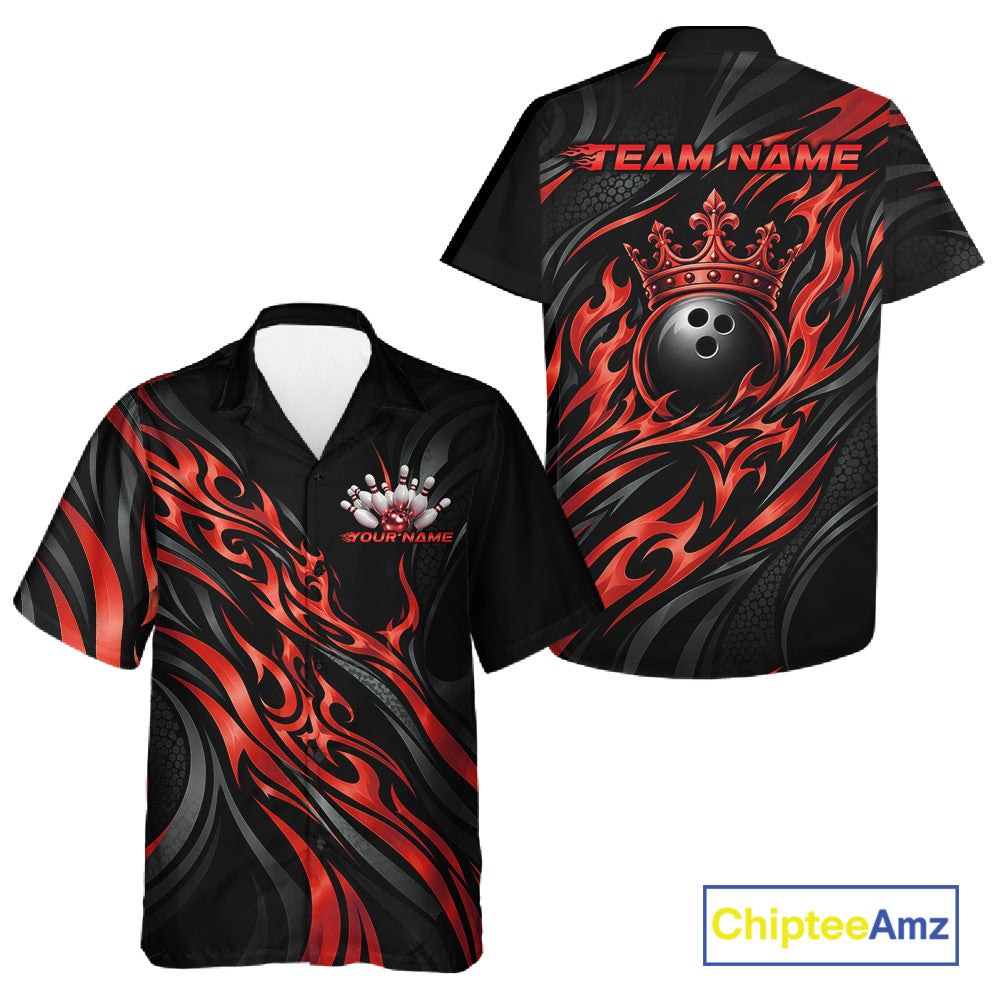 Black And Red Tribal Custom Crown Bowling Team Men And Women Button Up Shirt, Bowler Gift IPHW12282
