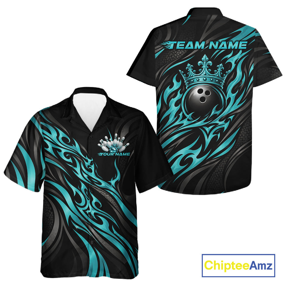 Black And Turquoise Blue Tribal Custom Crown Bowling Team Men And Women Button Up Shirt, Bowler Gift IPHW12283