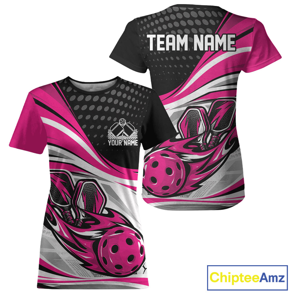 Custom Pink Flame Pickleball Team Women T-Shirts, Pickleball Tournament Uniform Jersey IPHW12751