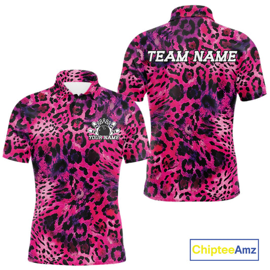 Front and back views of a pink, purple, and black leopard-print bowling shirt with customizable “Your Name” and “Team Name” text.