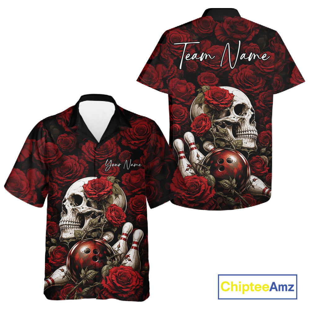 Custom Red Roses And Skull Halloween Bowling Jersey Men And Women Button Up Shirt IPHW11970