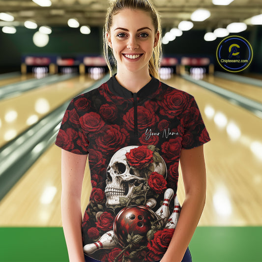 Custom Red Roses And Skull Halloween Bowling Jersey Women Quarter-Zip Shirt IPHW11970