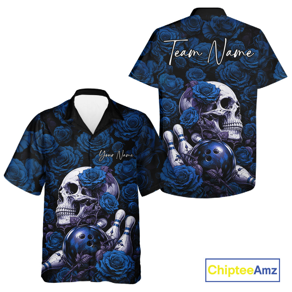 Custom Blue Roses And Skull Halloween Bowling Jersey Men And Women Button Up Shirt IPHW11972