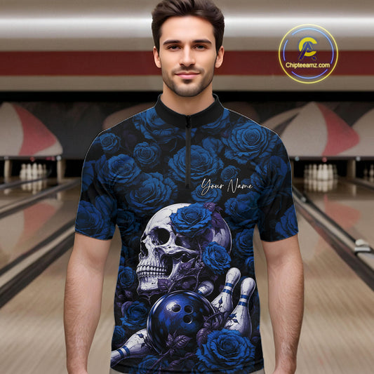 Custom Blue Roses And Skull Halloween Bowling Jersey Men Quarter Zip Shirt IPHW11972