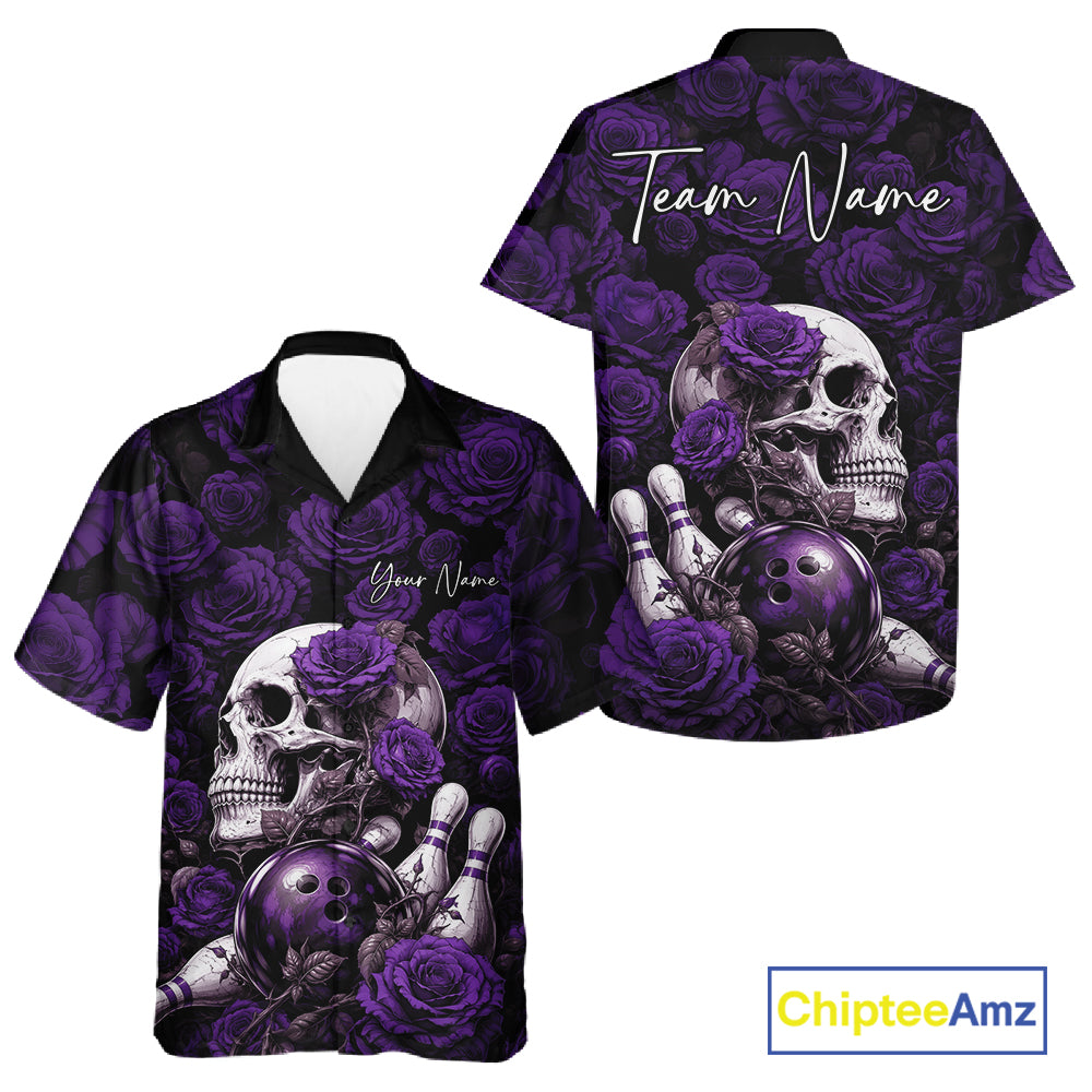 Custom Purple Roses And Skull Halloween Bowling Jersey Men And Women Button Up Shirt IPHW11973