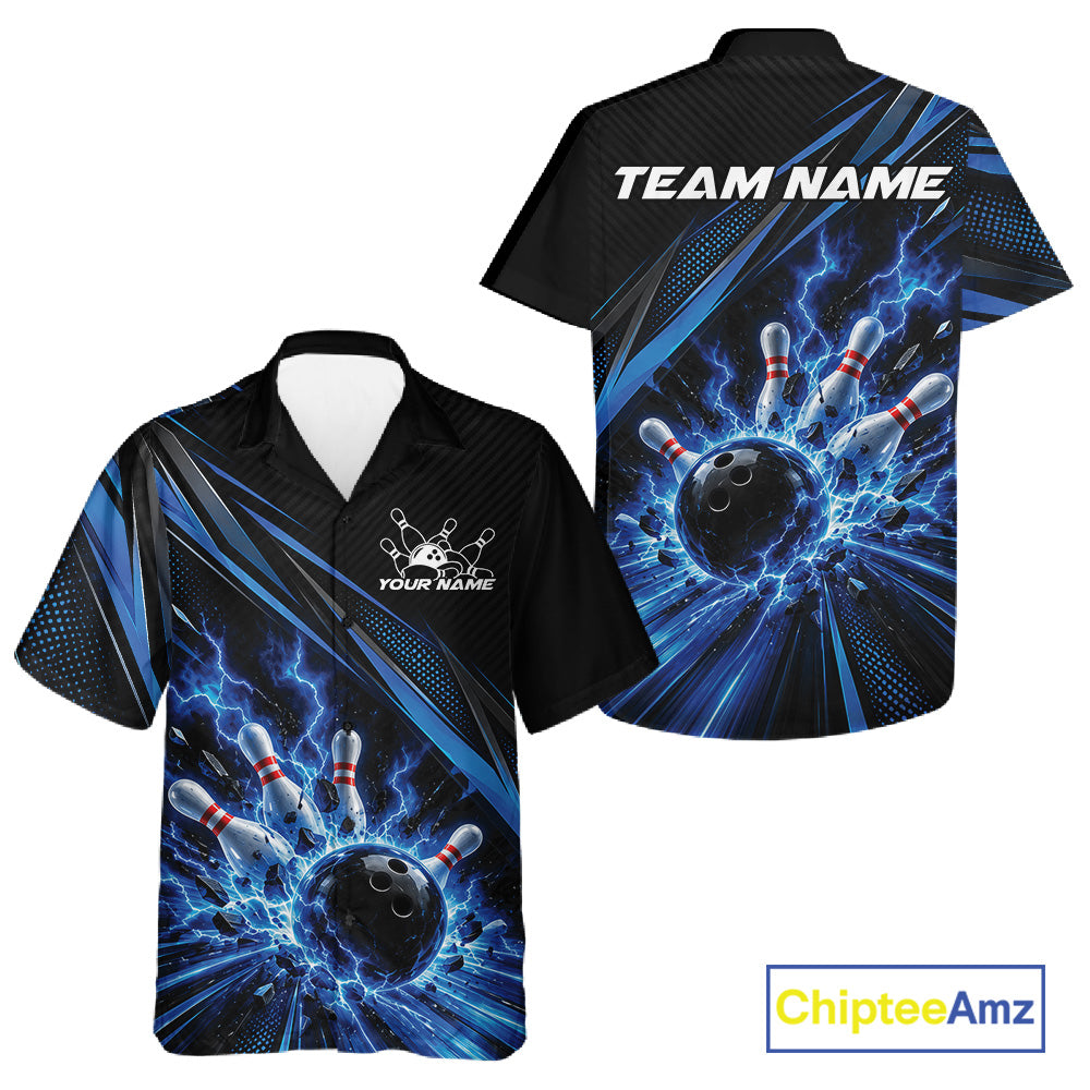 Custom Black And Blue Lightning Bowling Jerseys, Bowling Team League Men And Women Button Up Shirt IPHW12289