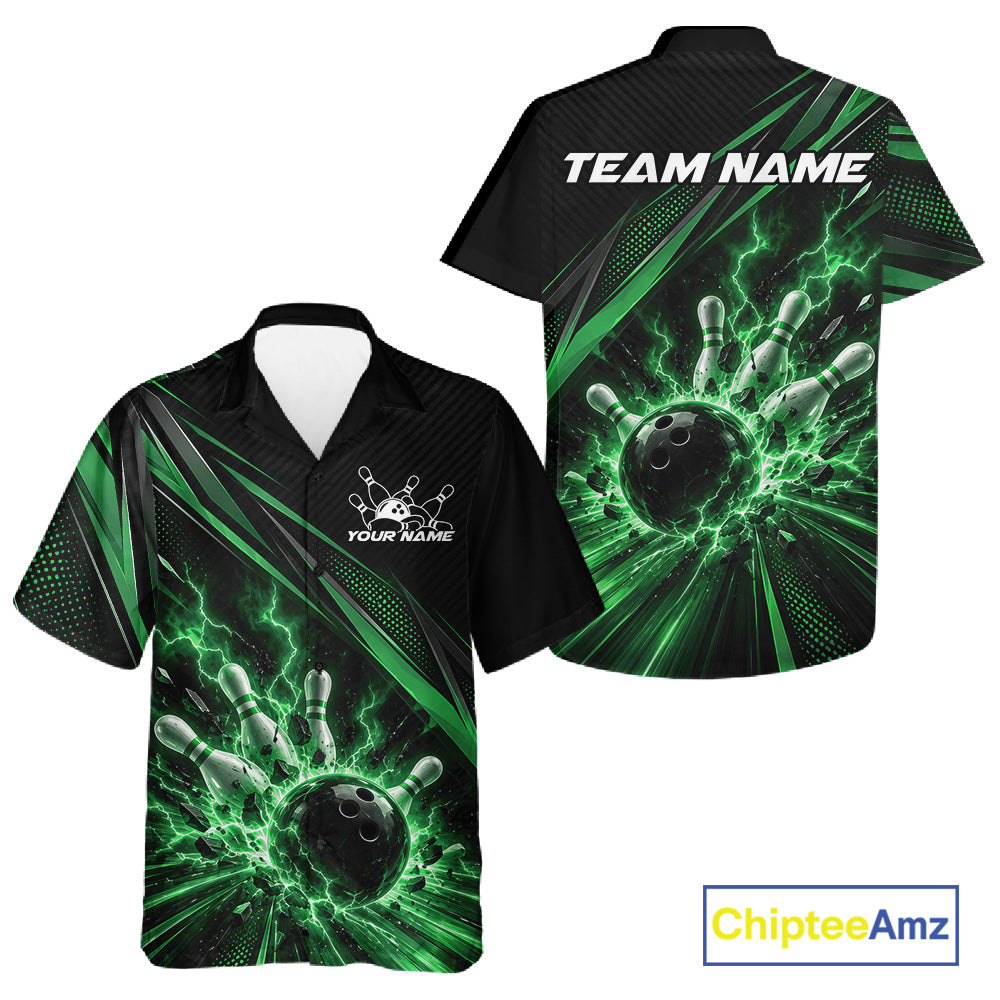 Custom Black And Green Lightning Bowling Jerseys, Bowling Team League Men And Women Button Up Shirt IPHW12290