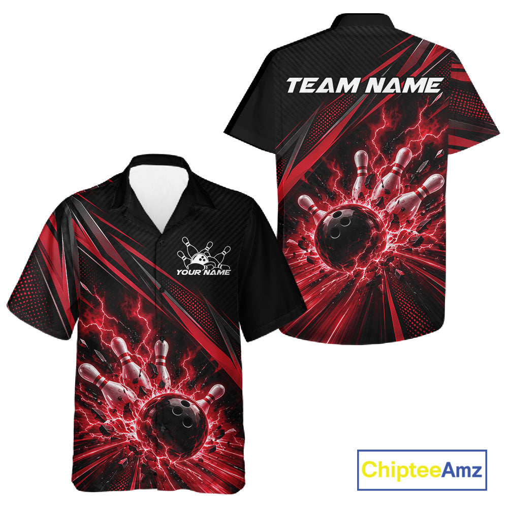 Custom Black And Red Lightning Bowling Jerseys, Bowling Team League Men And Women Button Up Shirt IPHW12292