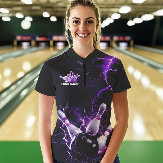 Custom Black And Purple Thunder Lightning Bowling Tournament Quarter-Zip Shirts For Women IPHW8520