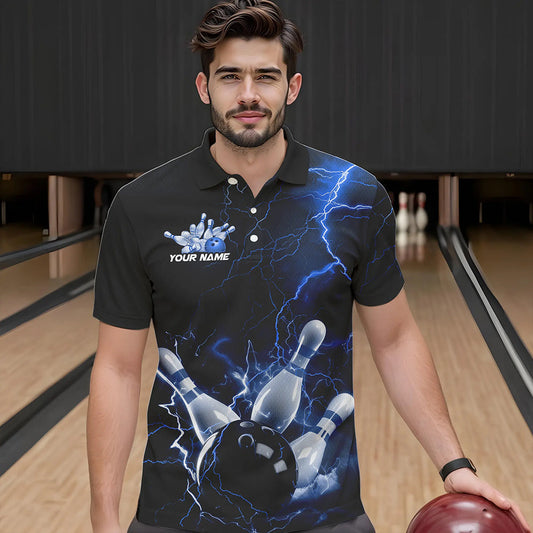 Custom Black And Blue Thunder Lightning Bowling Tournament Polo Shirts For Men IPHW8522