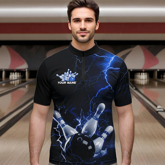 Custom Black And Blue Thunder Lightning Bowling Tournament Quarter-Zip Shirts For Men IPHW8522