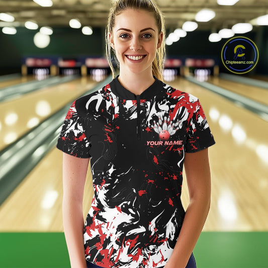 Custom Black, Red And White Camo Women Bowling League Shirt, Bowlers Jerseys Outfits IPHW10619