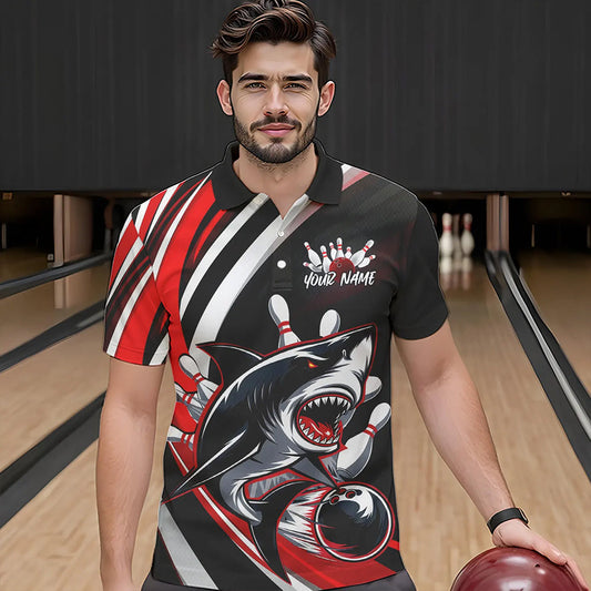 Custom Black And Red Shark Bowling Polo Shirts For Men, Shark Bowling Team Jerseys IPHW8722
