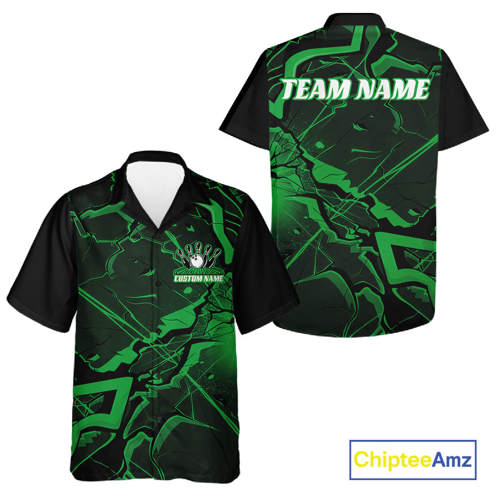 Black and green button-up bowling shirt mockup with cracked geometric pattern, angular lines, and futuristic styling.