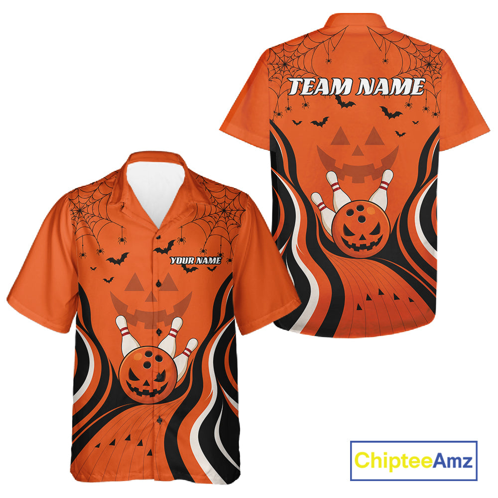 Custom Orange Jack O Lantern And Spider Web Halloween Bowling Men And Women Button Up Shirt IPHW11990