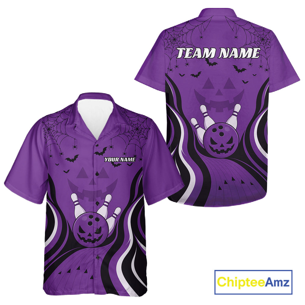 Custom Purple Jack O Lantern And Spider Web Halloween Bowling Men And Women Button Up Shirt IPHW11991