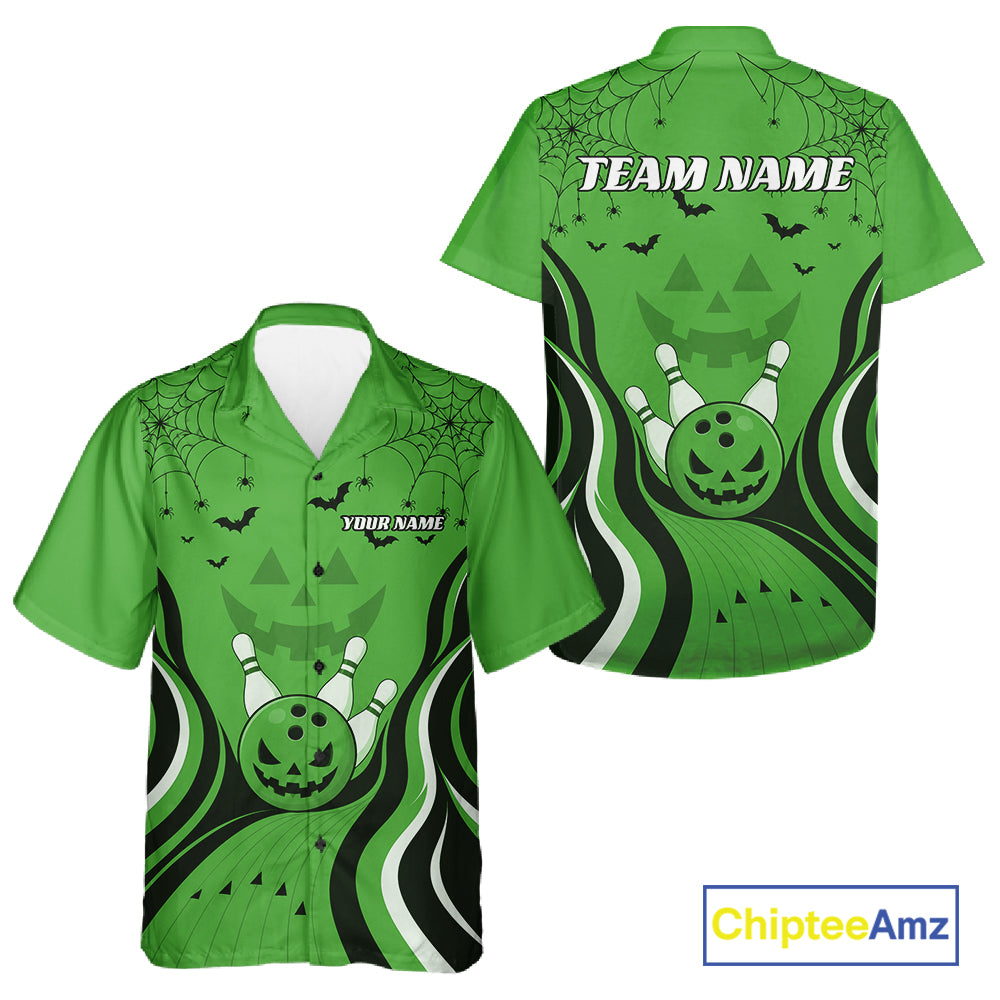 Custom Green Jack O Lantern And Spider Web Halloween Bowling Men And Women Button Up Shirt IPHW11992