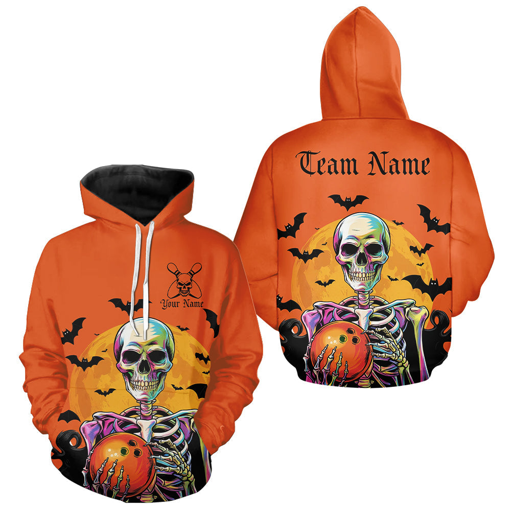 Custom Funny Orange Halloween Bowling Hoodie Shirts For Men And Women, Skull Bowling Team Shirt IPHW7598