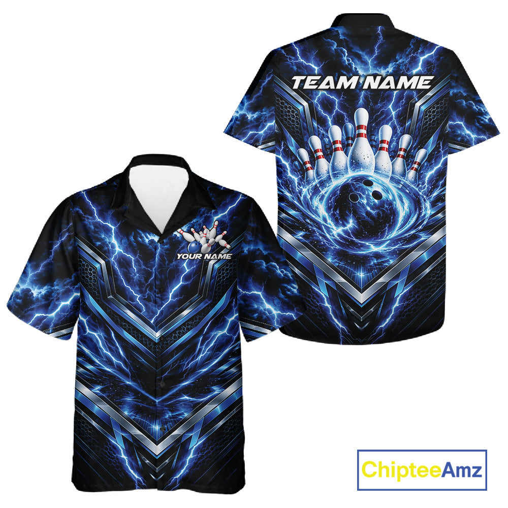 Custom Blue Lightning Bowling Team Men And Women Button Up Shirt, Matching Bowling League Shirt IPHW12334