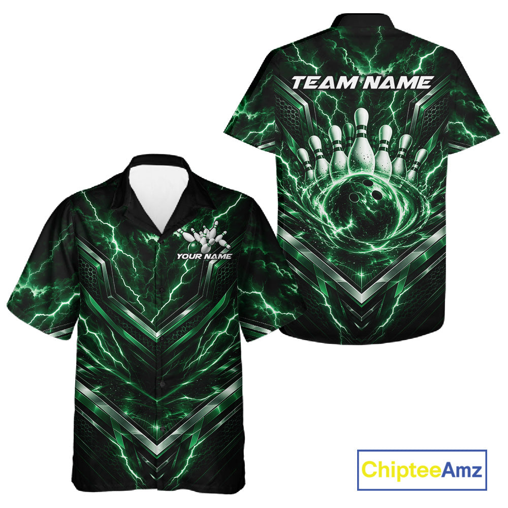 Custom Green Lightning Bowling Team Men And Women Button Up Shirt, Matching Bowling League Shirt IPHW12336