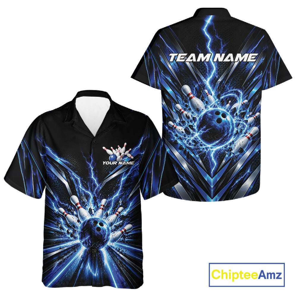 Custom Blue Lightning Bowling Team Jersey, Matching Bowling League Button Up Shirt For Men And Women IPHW12343
