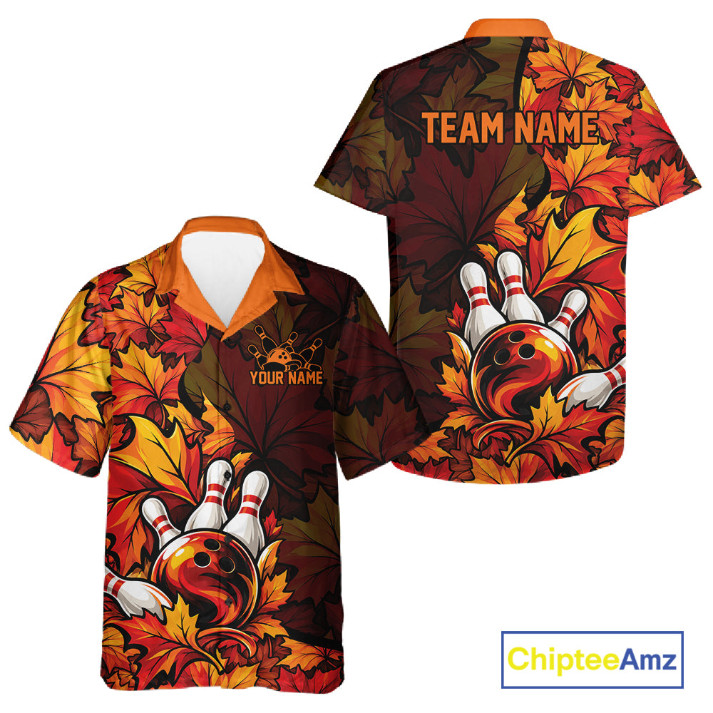 Custom Autumn Maple Leaf Thanksgiving Bowling Men And Women Button Up Shirt Bowler Outfit IPHW12800