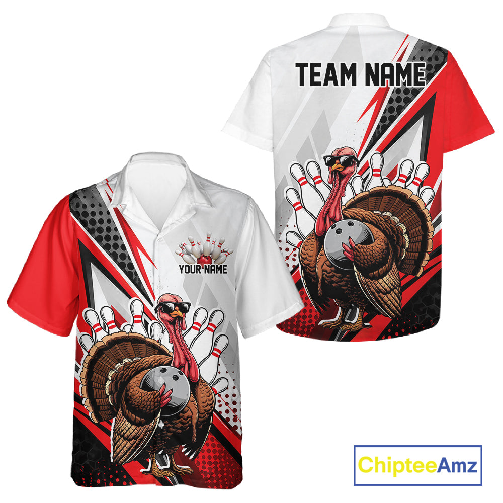 Custom Red Funny Turkey Thanksgiving Bowling Men And Women Button Up Shirt, Bowling League Uniform IPHW12804