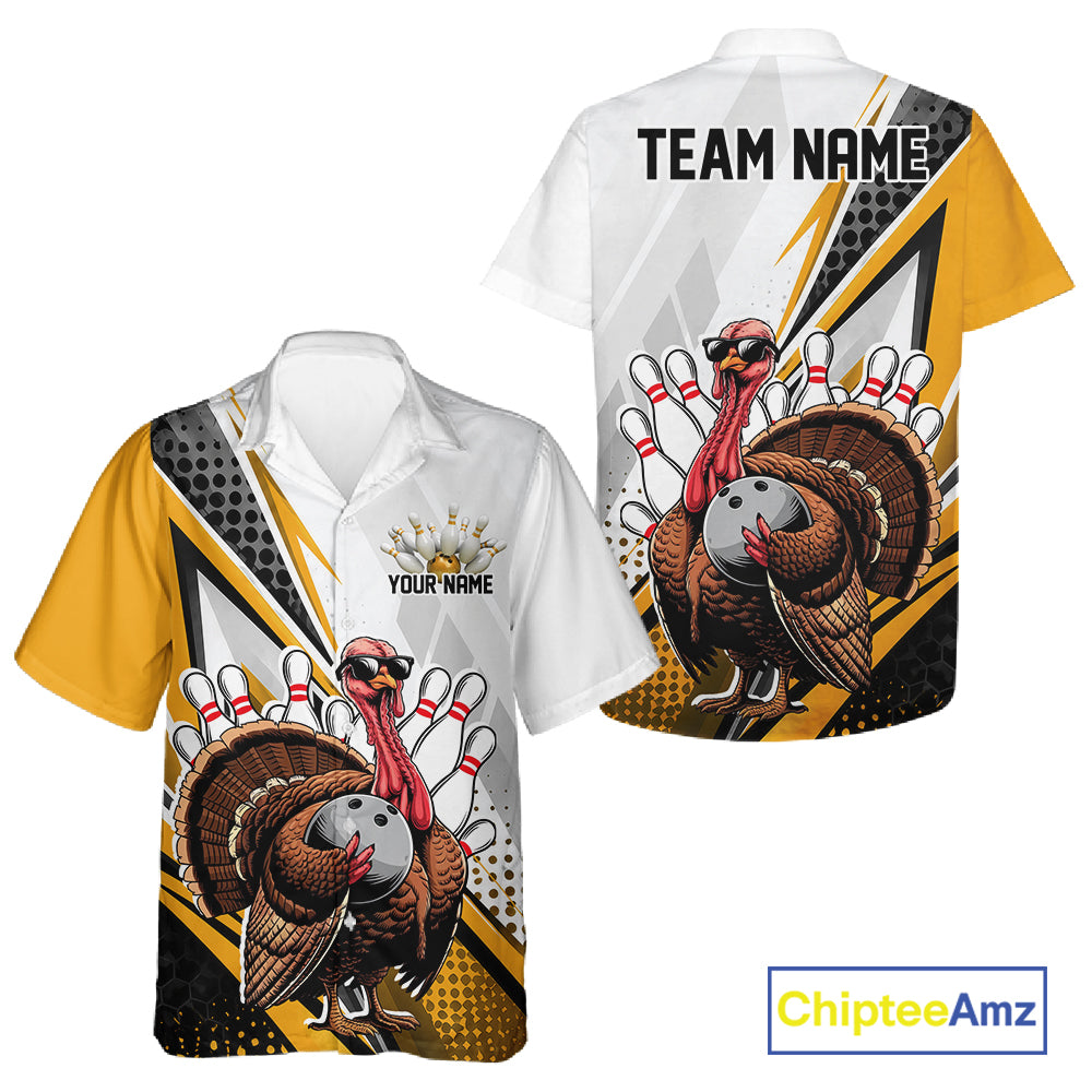 Custom Yellow Funny Turkey Thanksgiving Bowling Men And Women Button Up Shirt, Bowling League Uniform IPHW12806